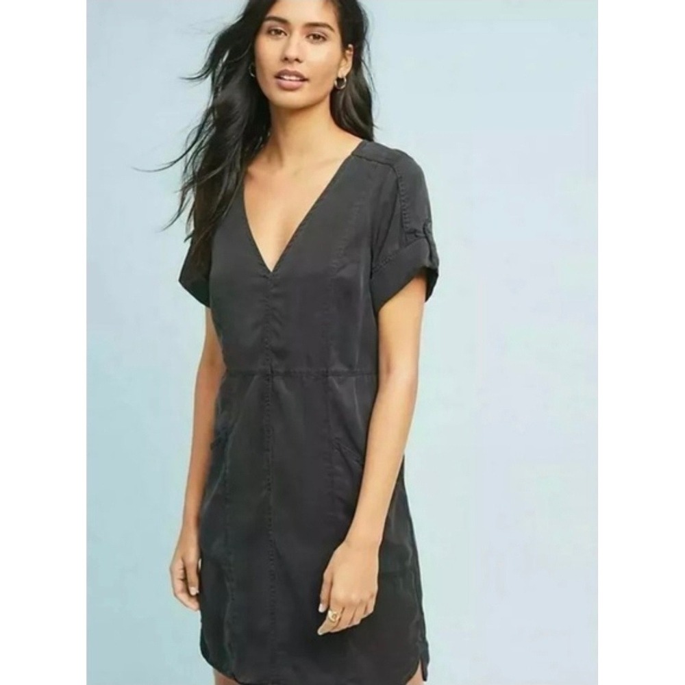 Pilcro and the Letterpress Black V-Neck Shift Dress Pockets Small Anthropologie